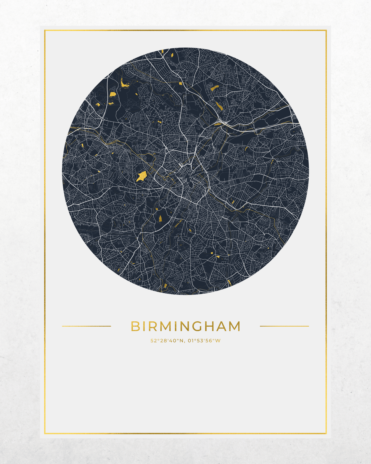 A minimalist circular city map print of Birmingham, UK, featuring a dark navy blue map with white street lines and small gold highlights, framed by a thin gold border on a light textured background.
