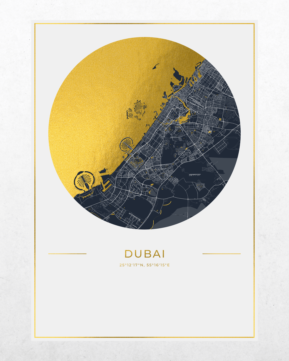 A minimalist Dubai city map art print featuring a circular design with a textured gold background and dark navy street details, framed by a thin gold border on a light gray background.