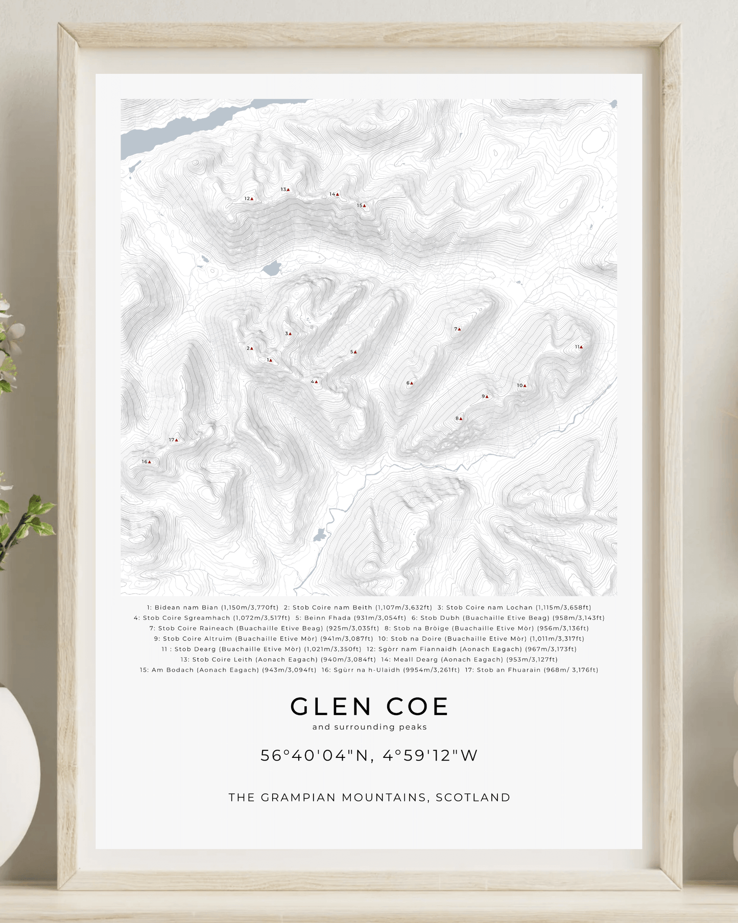 Glen Coe, Buachaille Etive Mòr & Surrounding peaks - Contour Map Print