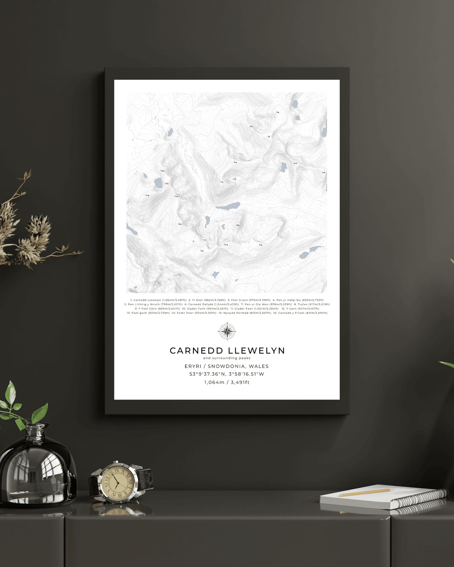 Carnedd Llewelyn & Surrounding peaks - Contour Map Print Poster