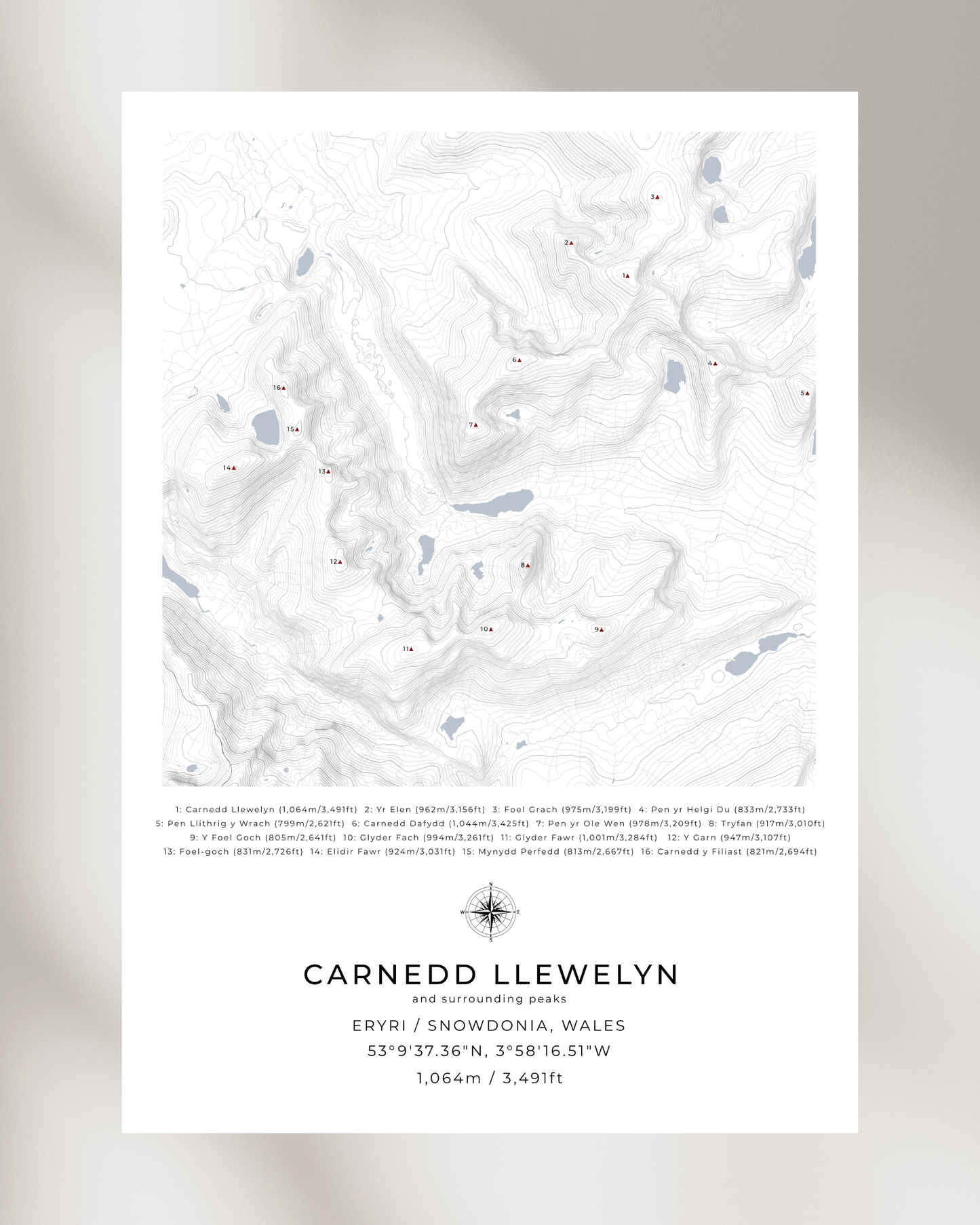 Carnedd Llewelyn & Surrounding peaks - Contour Map Print Poster