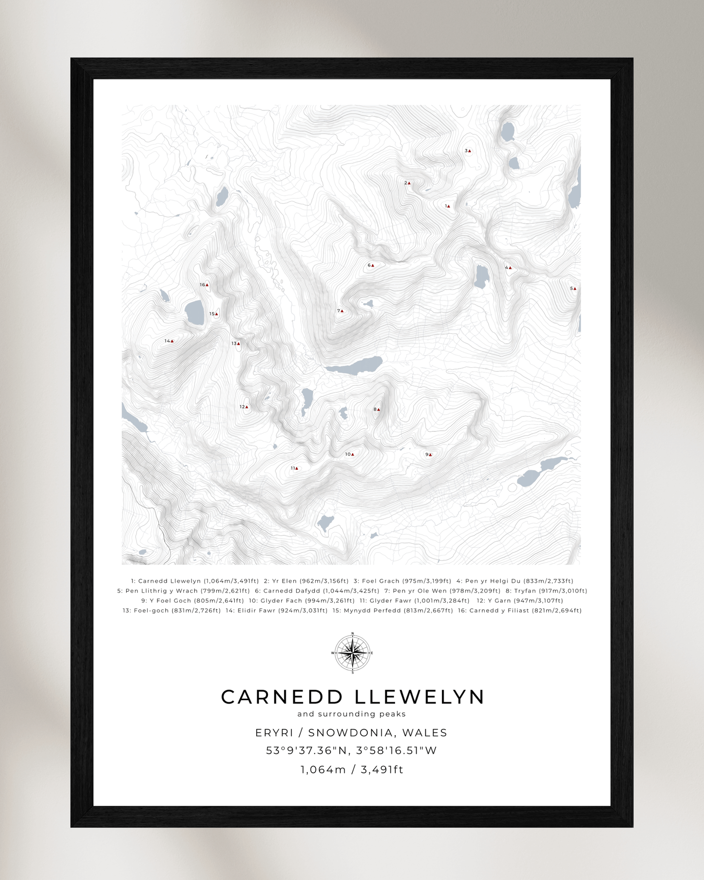 Carnedd Llewelyn & Surrounding peaks - Contour Map Print Poster