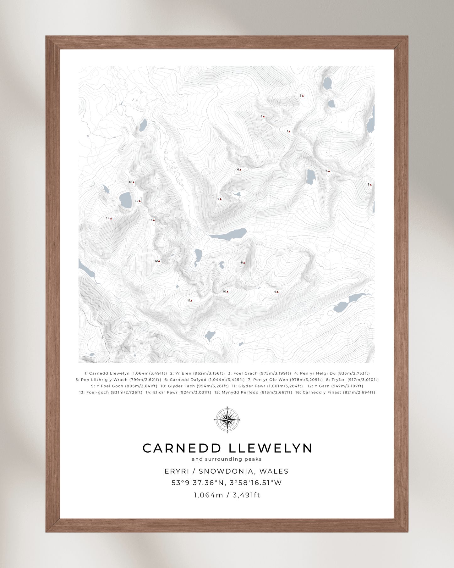 Carnedd Llewelyn & Surrounding peaks - Contour Map Print Poster