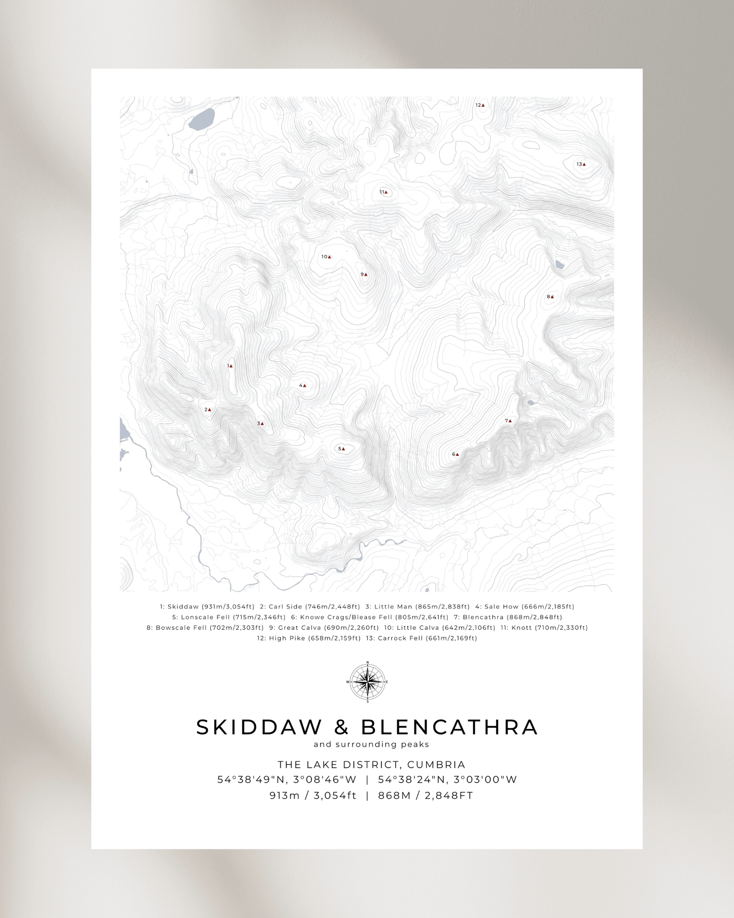 Skiddaw, Blencathra & Surrounding peaks - Contour Map