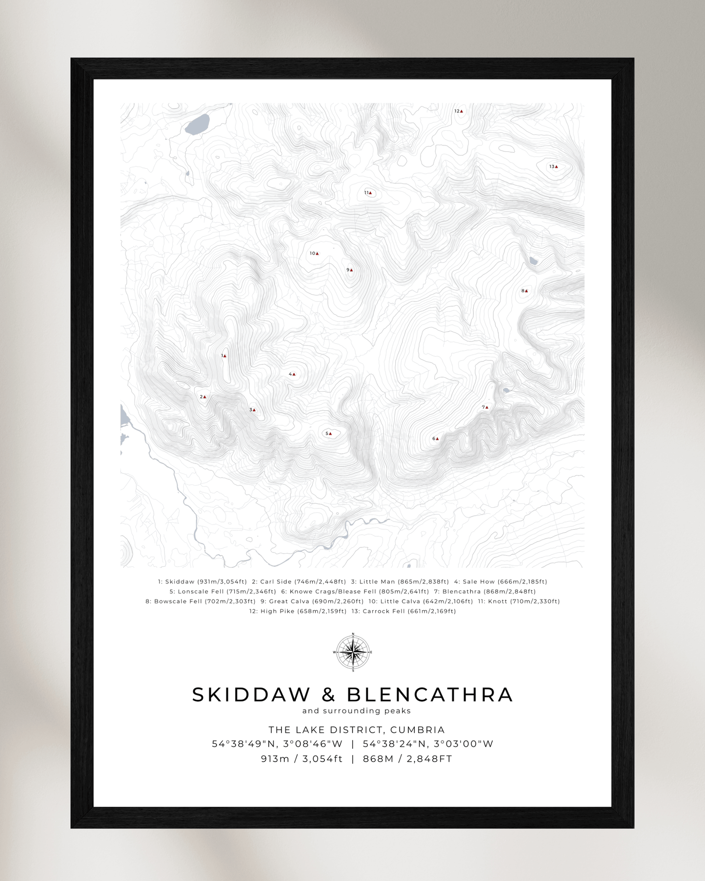 Skiddaw, Blencathra & Surrounding peaks - Contour Map