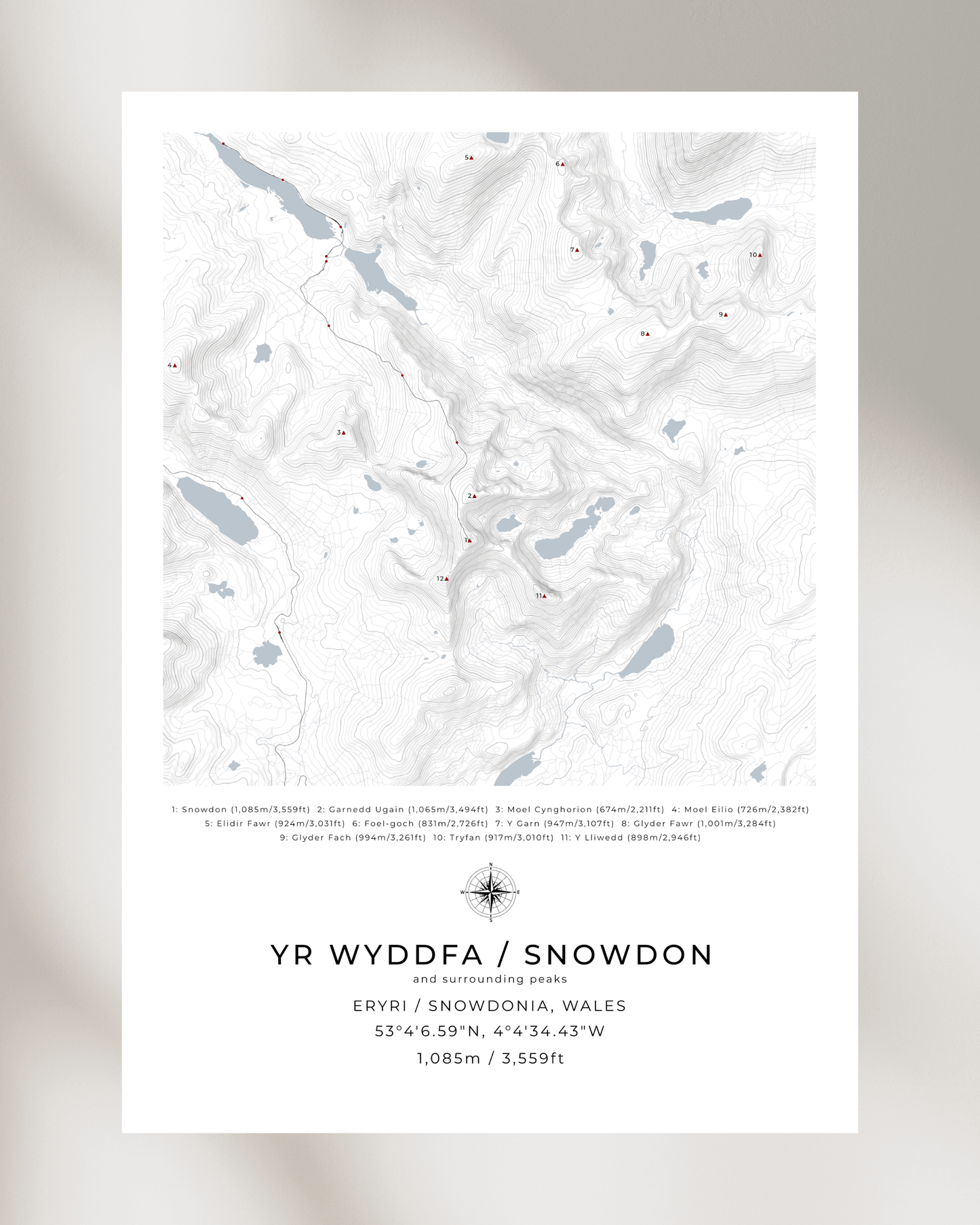 Yr Wyddfa / Snowdon & surrounding peaks - Contour Map Print