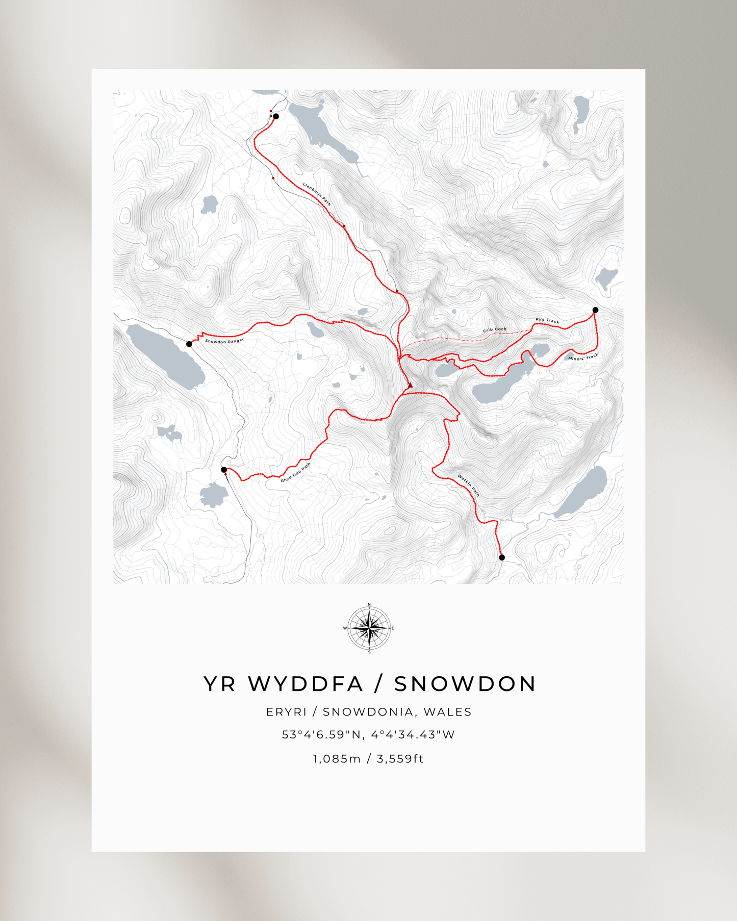 Yr Wyddfa / Snowdon Route Map print poster