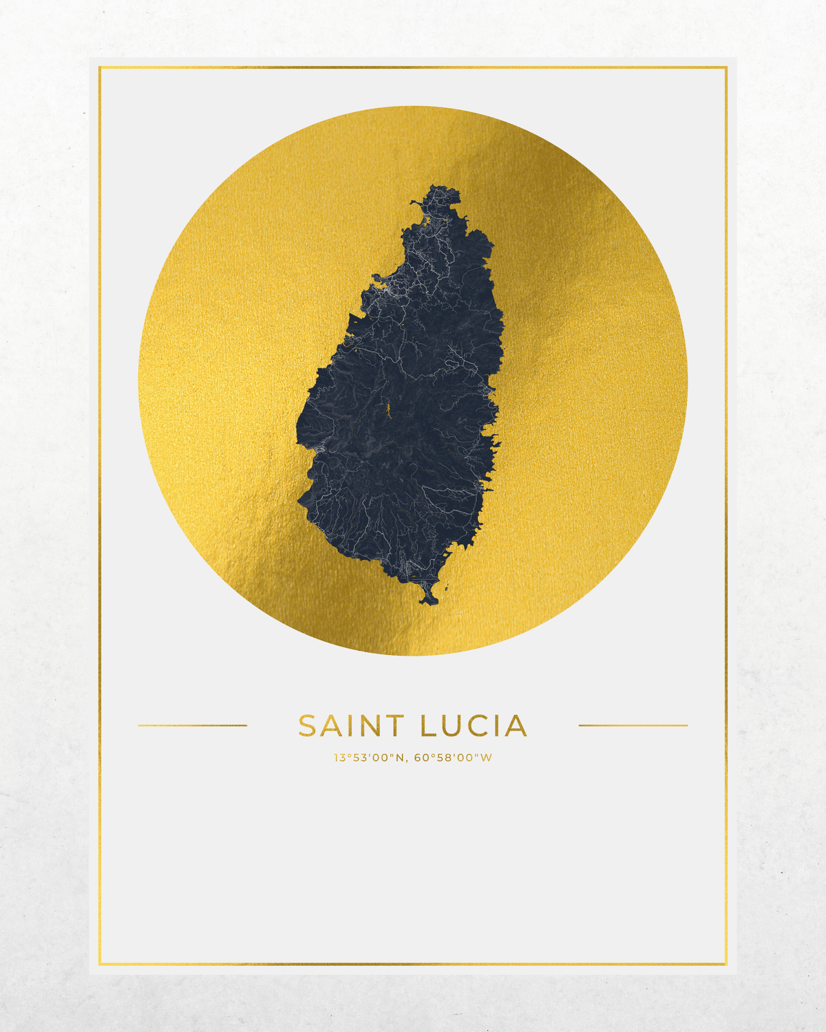 A minimalist travel poster of Saint Lucia, featuring a dark blue silhouette map of the island set against a textured gold circular background, with the destination name and coordinates printed below on a white card with a gold border.