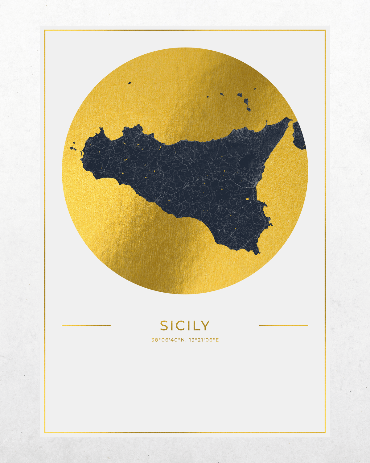 A minimalist art print of the map of Sicily, featuring a dark navy blue silhouette of the island set against a textured gold circular background, framed by a thin gold border on a white card with coordinates below.