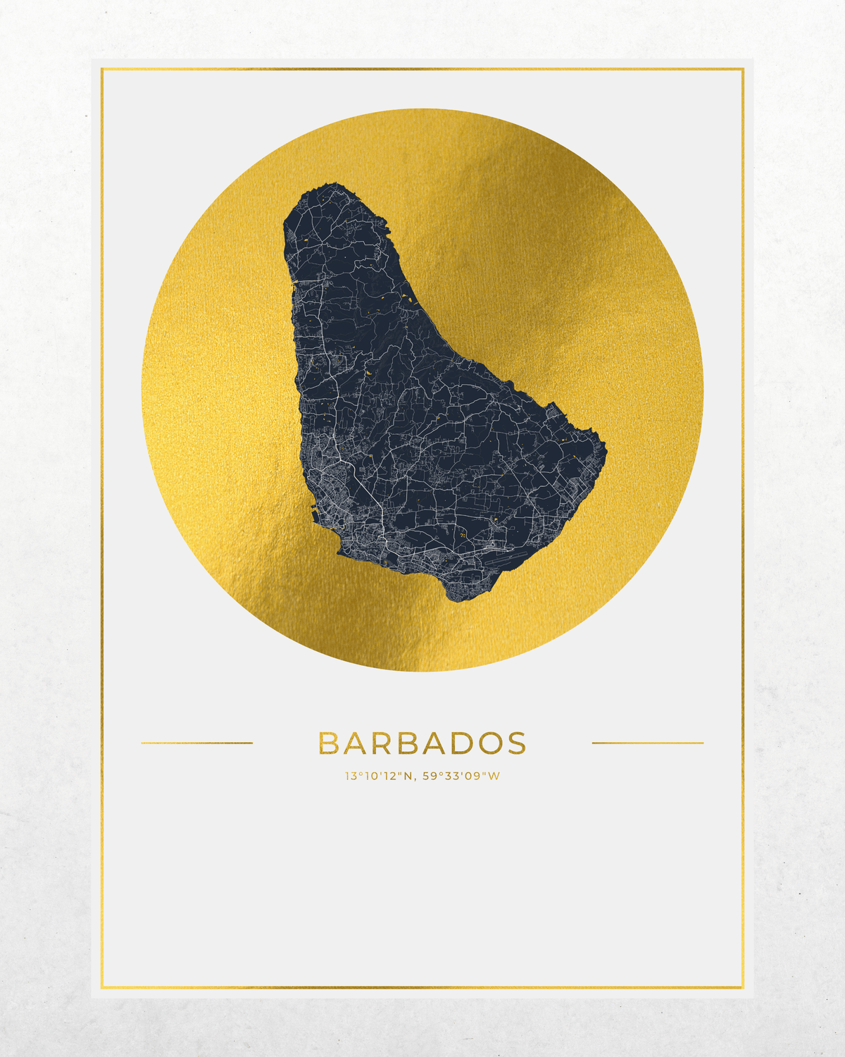 A minimalist Barbados map art print featuring a dark navy blue map silhouette with a textured crackle pattern, set against a large metallic gold circle on a white background with a thin gold border.