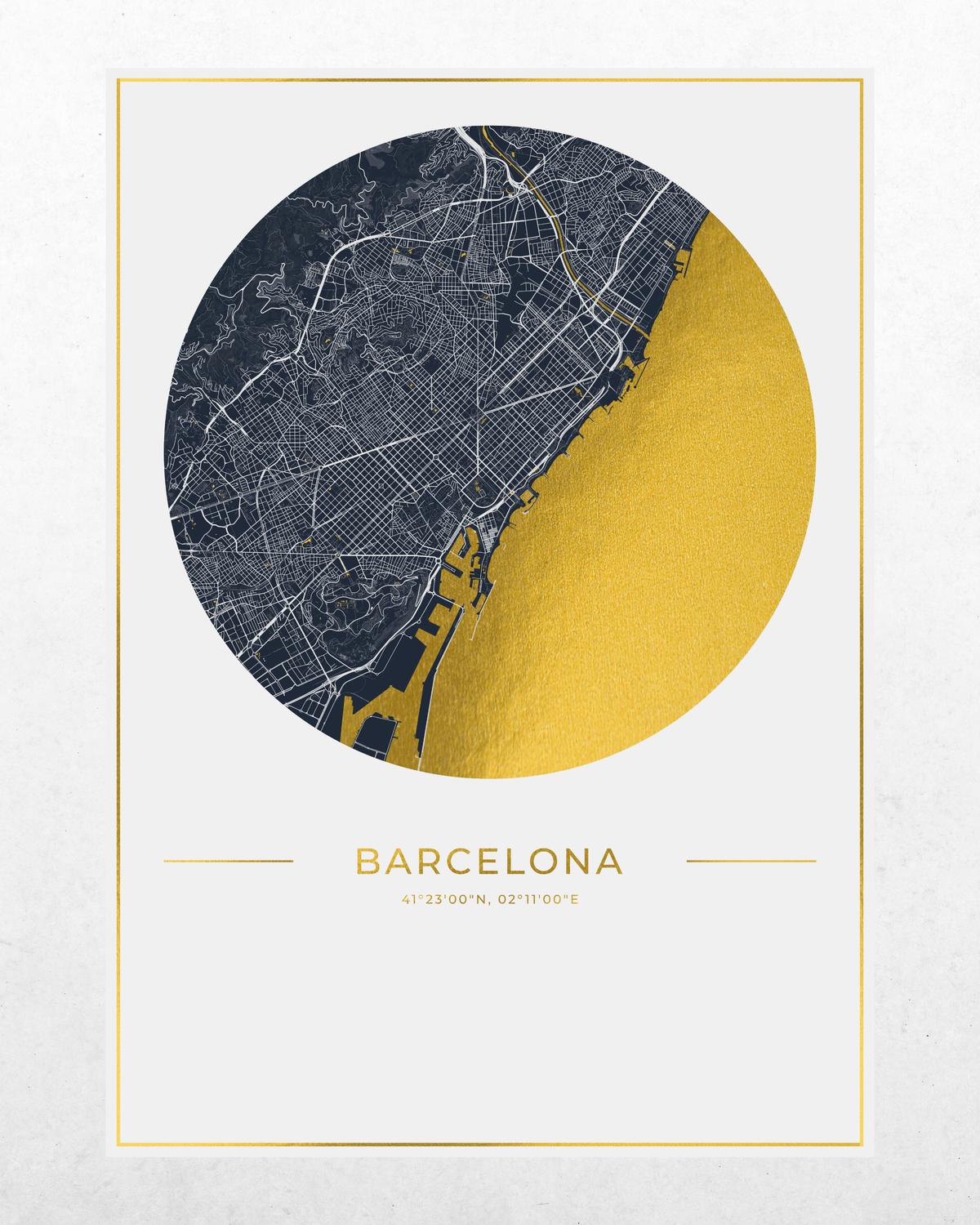 A minimalist Barcelona city map art print featuring a circular map design with a dark navy blue land area, a large textured gold coastal region, and the word BARCELONA with coordinates below, centered on a light gray background.