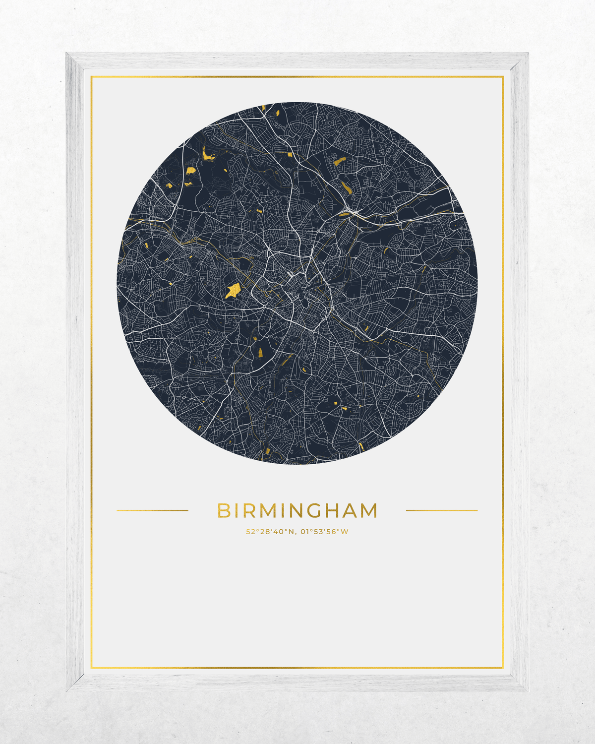 A framed city map print of Birmingham, UK, featuring a dark navy blue circular map with fine white street lines and small gold highlights, centered on a white background with gold border lines and the city name 'BIRMINGHAM' printed below.