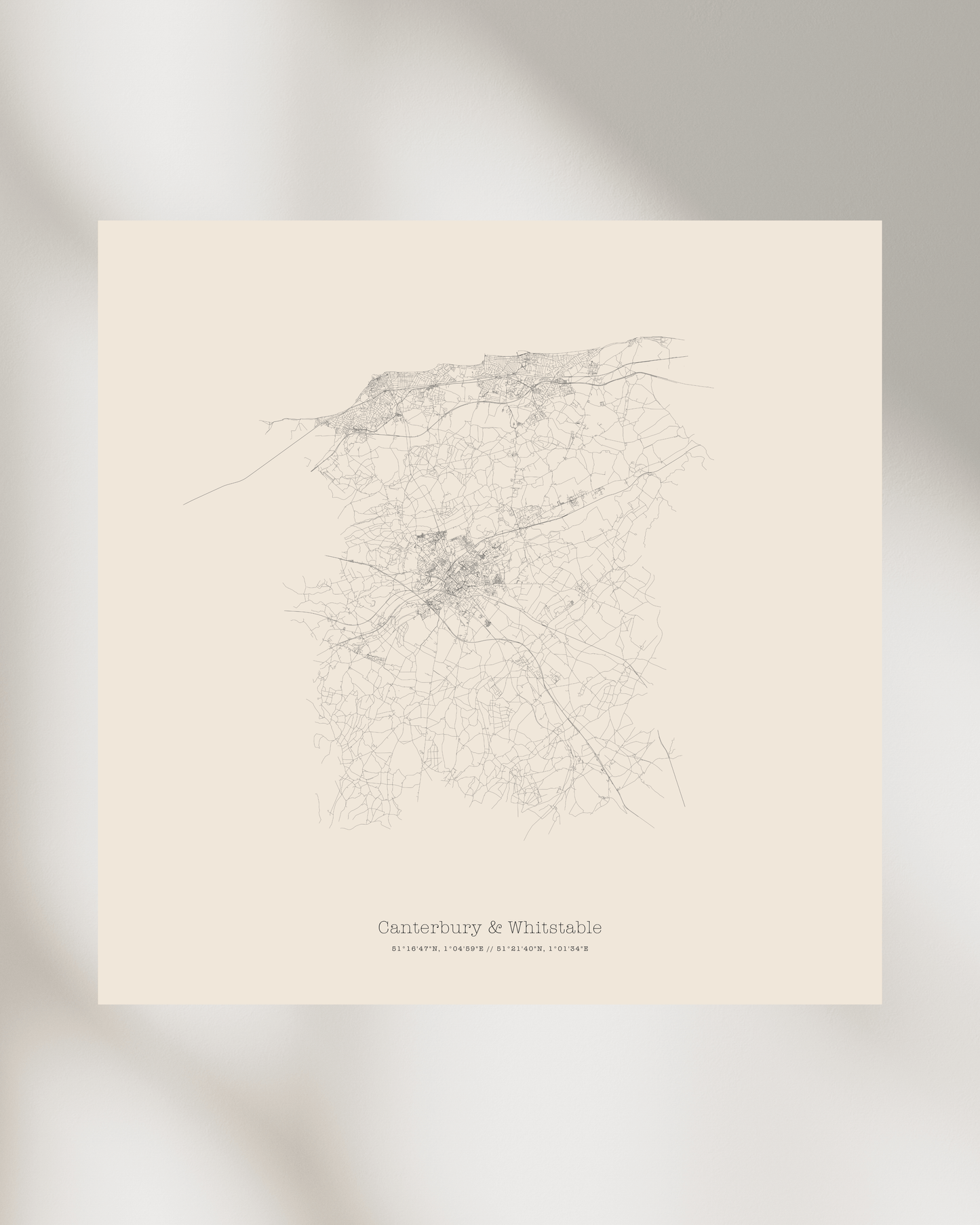 Canterbury & Whitstable - City Map - Minimalist Fine Art Print - Taupe