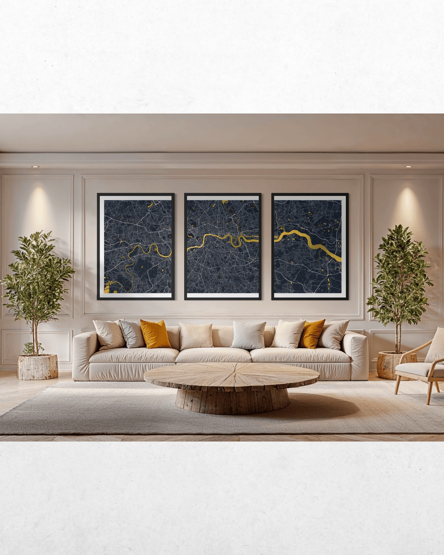 A modern living room featuring a three-panel framed wall art set depicting a dark blue map with gold river lines, hung above a beige sofa with accent pillows.