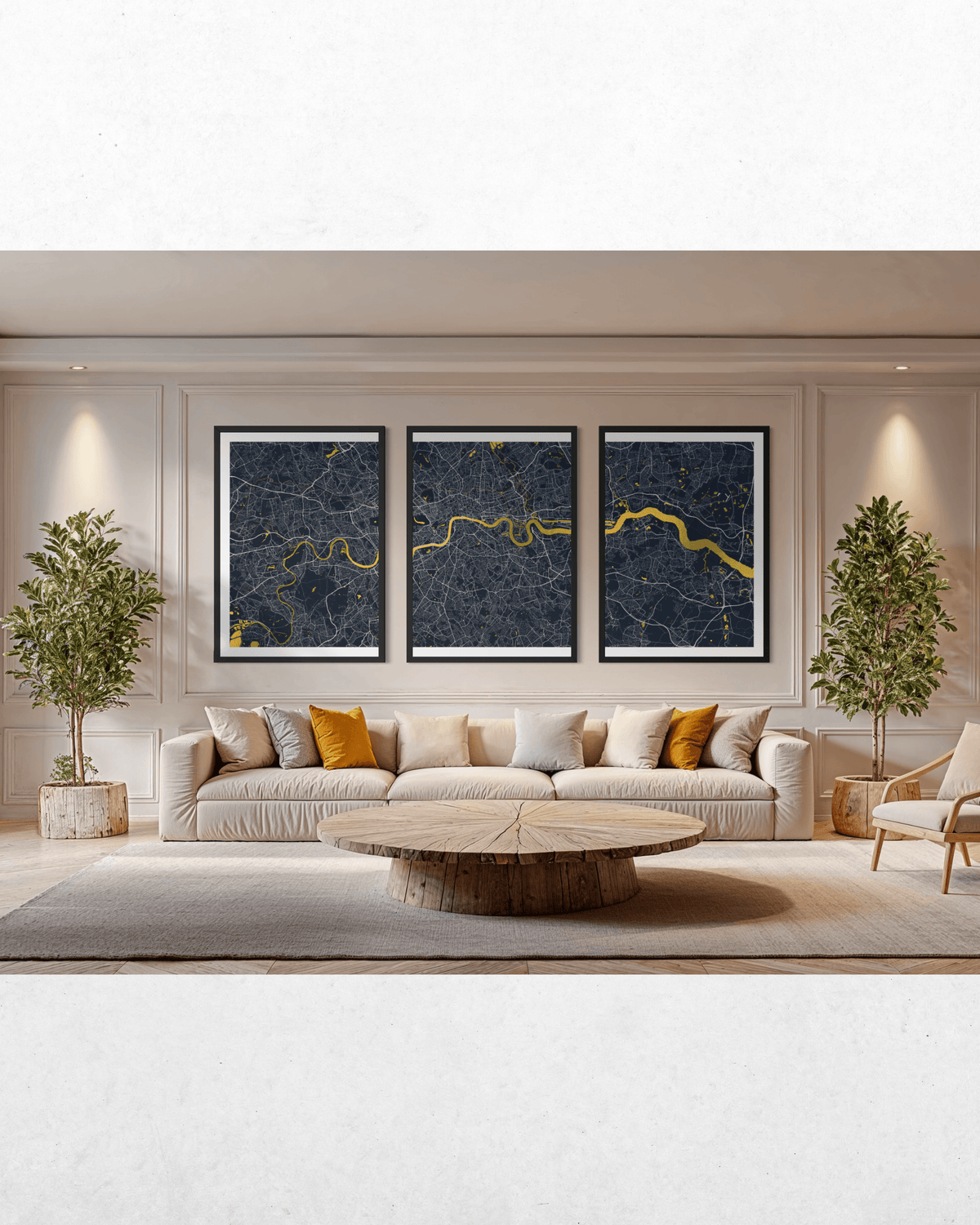 A modern living room featuring a three-panel framed wall art set depicting a dark blue map with gold river lines, hung above a beige sofa with accent pillows.