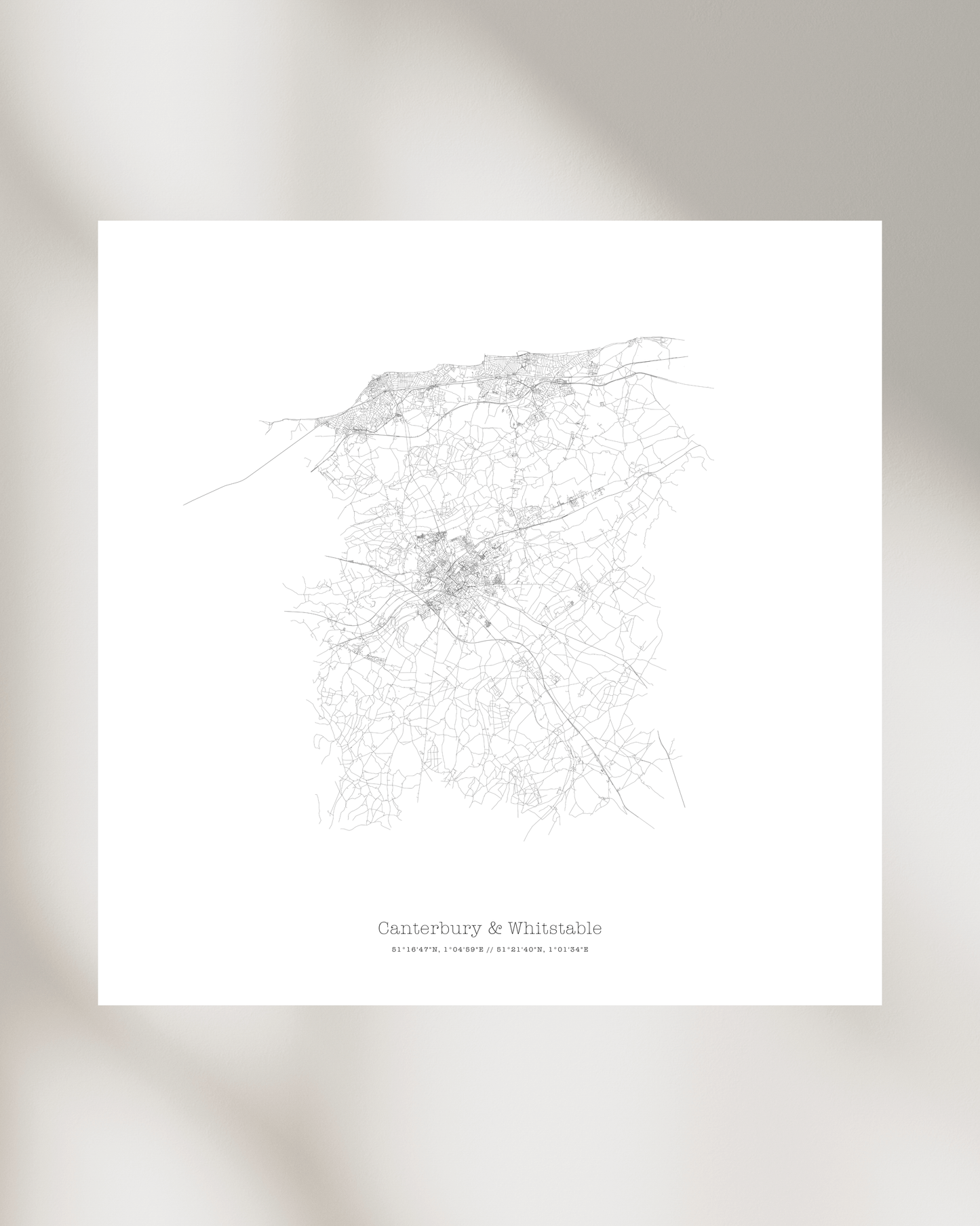 Canterbury & Whitstable - City Map - Minimalist Fine Art Print - White