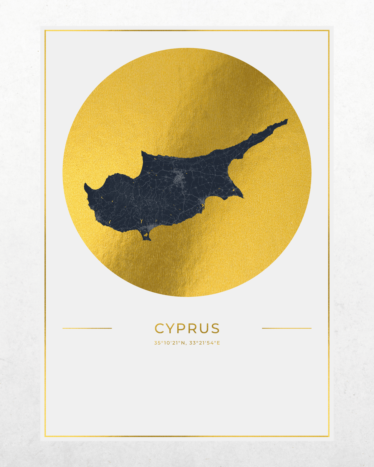 A minimalist art print of Cyprus featuring a dark navy blue silhouette map of the island set against a textured gold circular background, with coordinates and the word 'CYPRUS' printed below on a white card with a thin gold border.