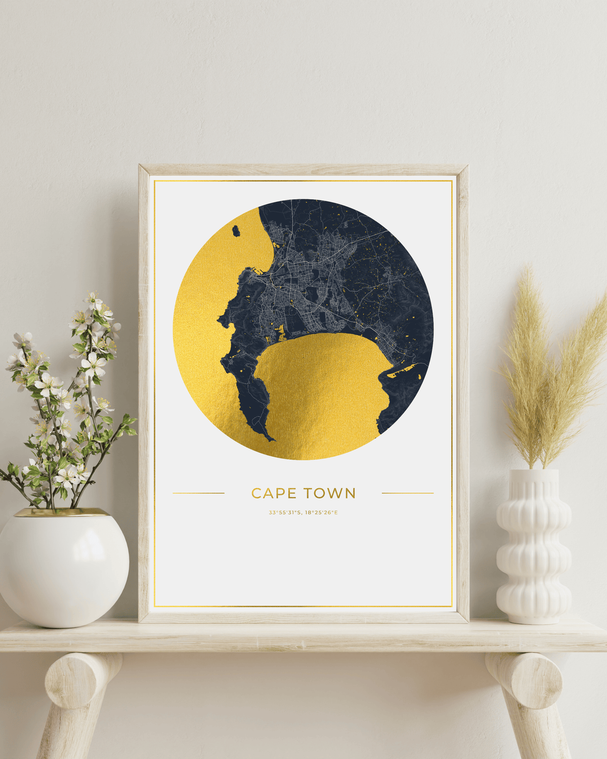 Gold foil map of Cape Town set in a natural wood frame