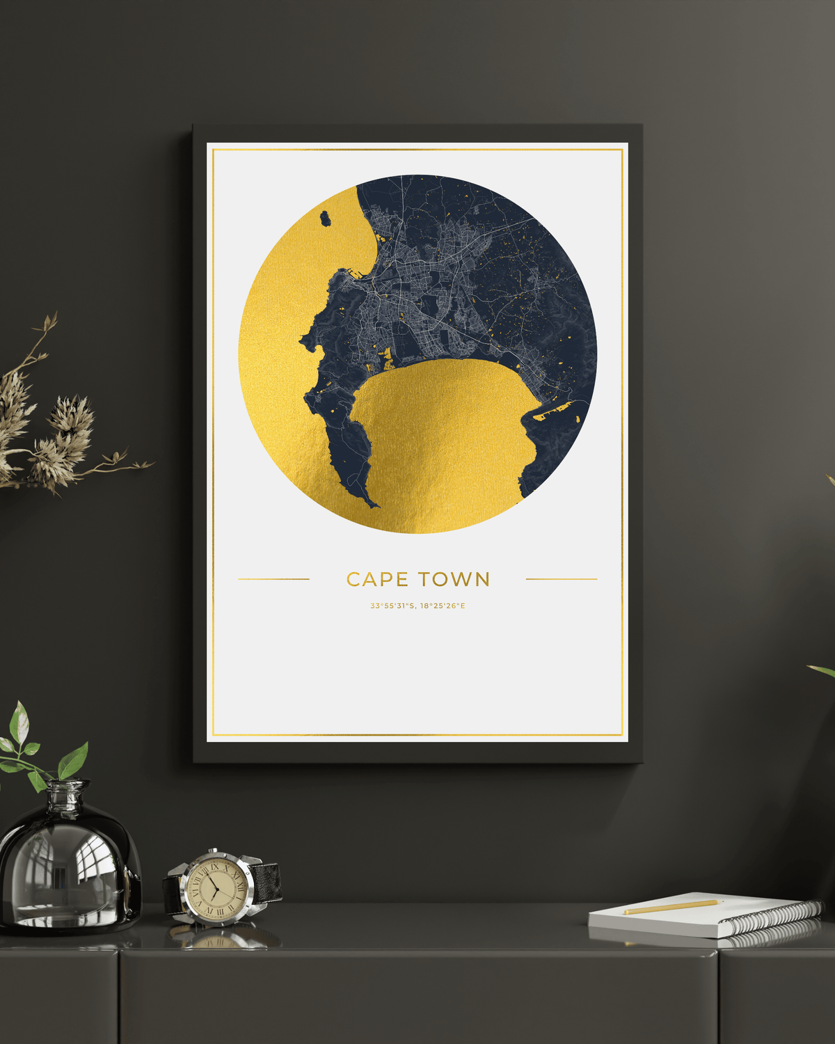 Gold foil map of Cape Town set in a black wood frame