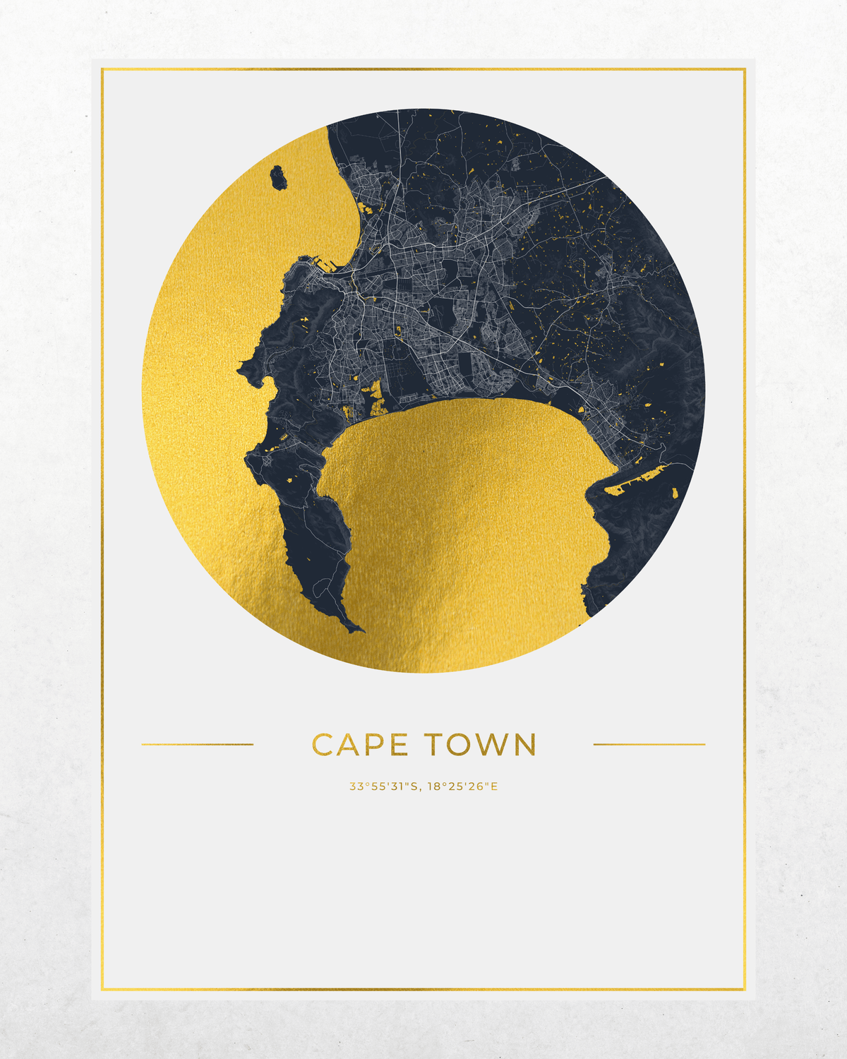 Gold foil map of Cape Town set on a white background