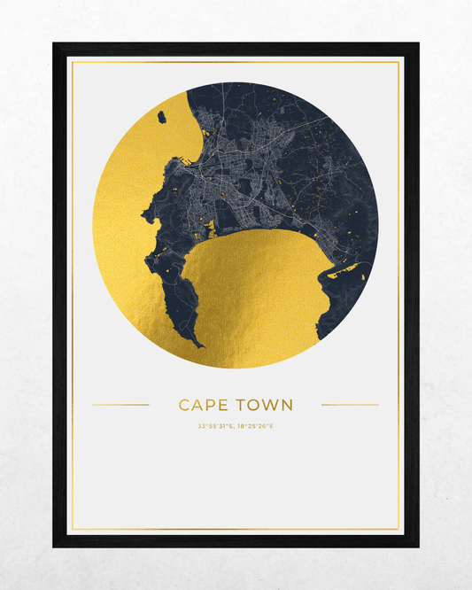 Gold foil map of Cape Town set in a black wood frame
