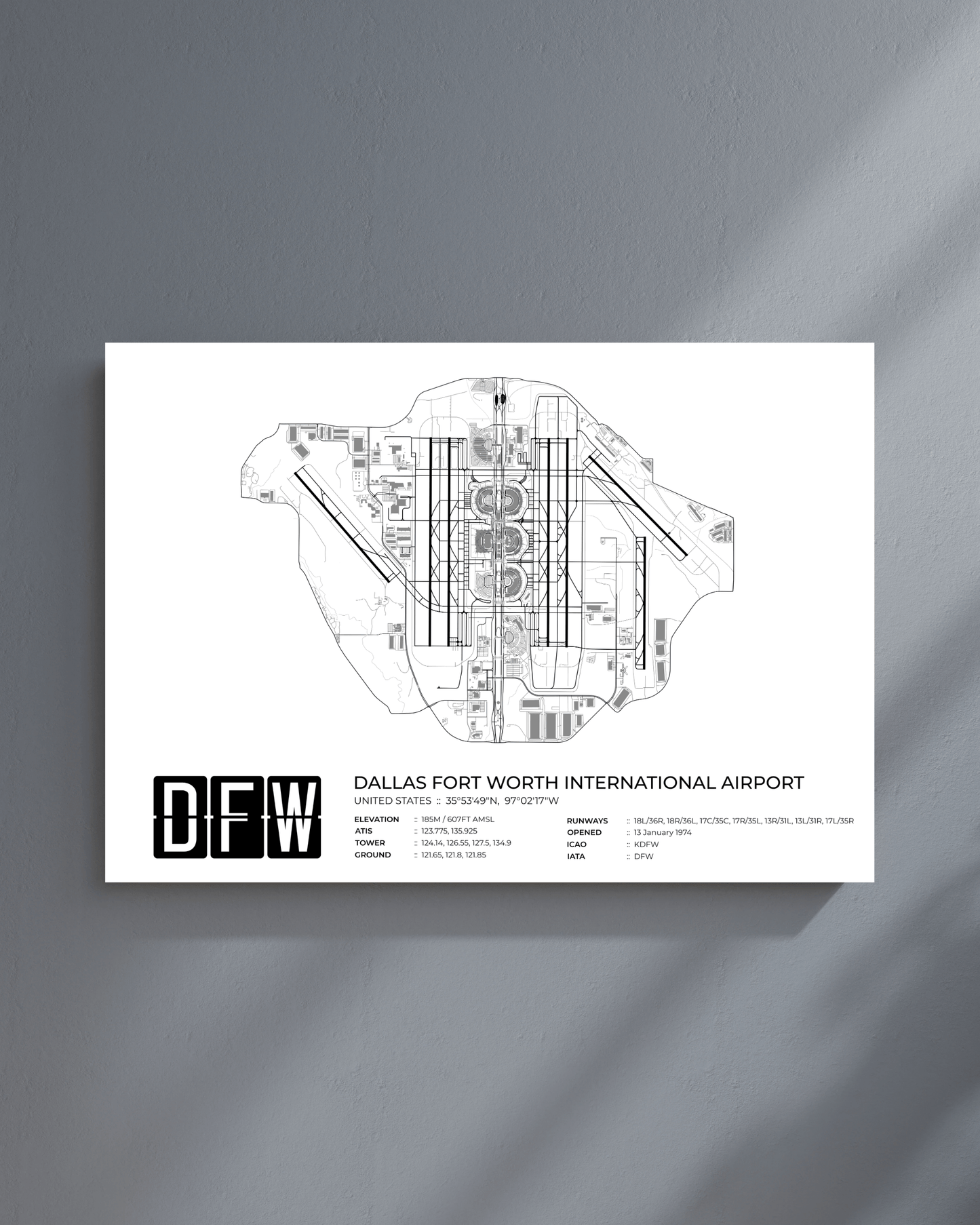DFW - Dallas Fort Worth International Airport Map Print