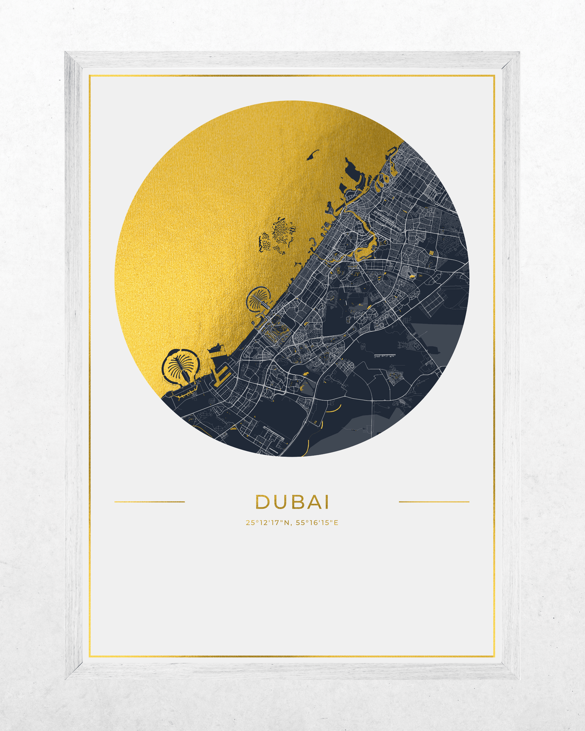 A framed minimalist map print of Dubai, featuring a large gold circle with dark navy street details and the word 'DUBAI' below, shown in a white frame against a light textured wall.