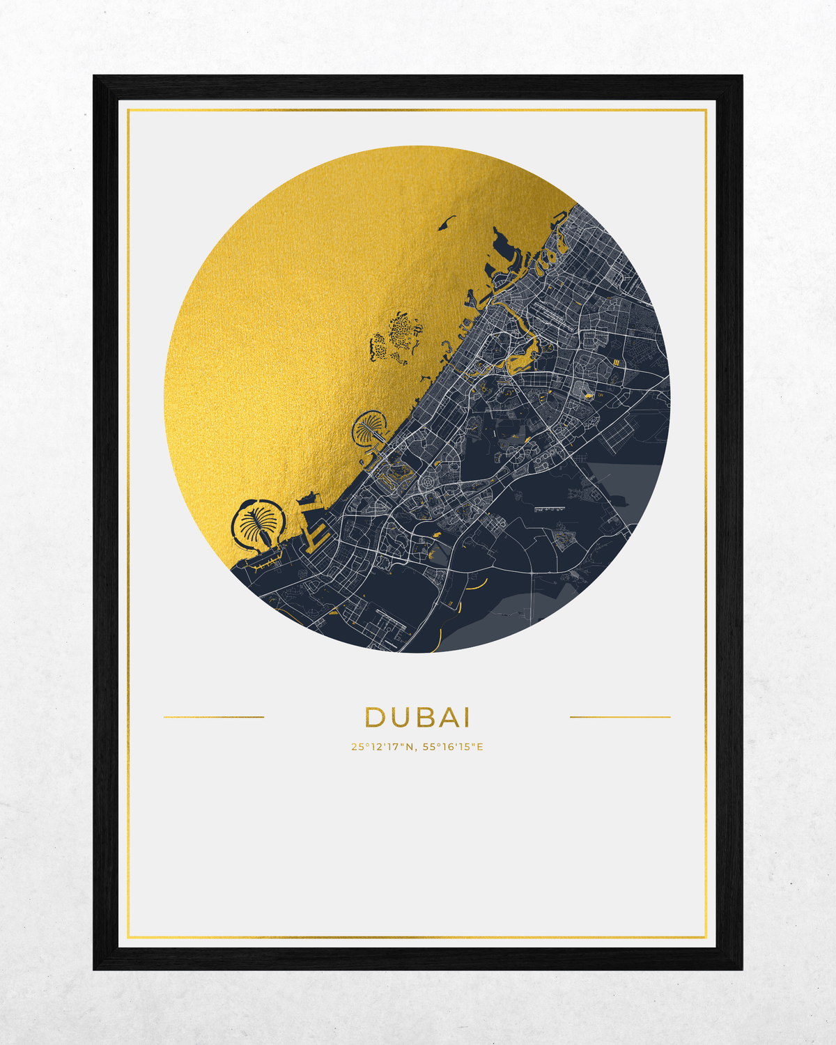 A framed city map art print of Dubai, featuring a circular design with a textured gold left half and a dark navy street-map right half, with the word DUBAI and coordinates below, shown on a light textured background.