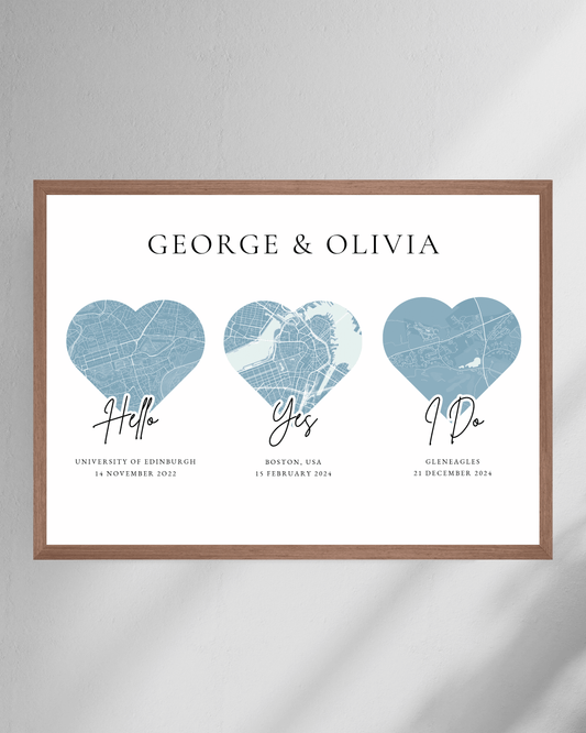 Met - Engaged - Married - personalised map print