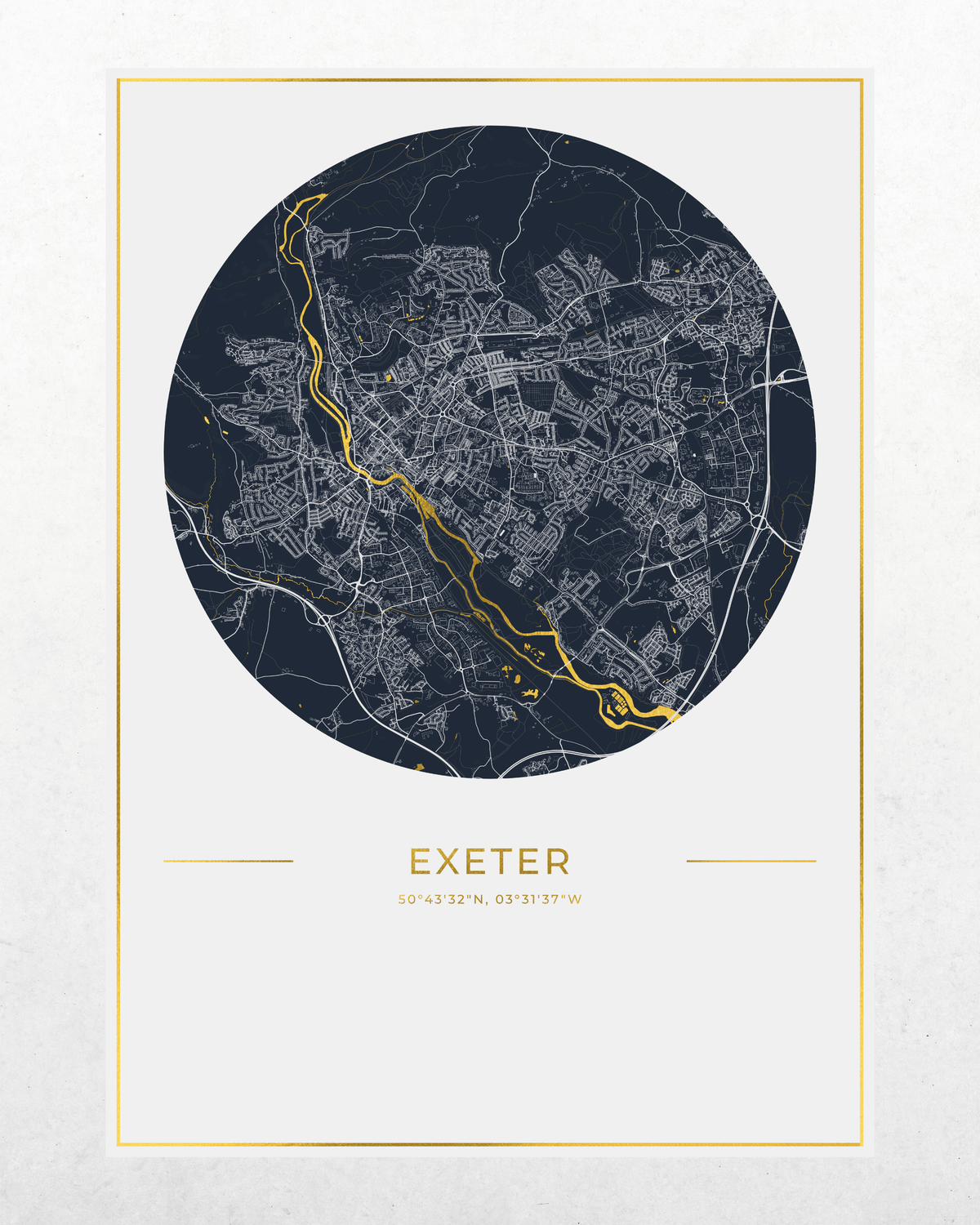A minimalist circular city map print of Exeter, featuring a dark navy blue map with white street details and a highlighted gold river running through the center, presented on a light textured background with a thin gold border.