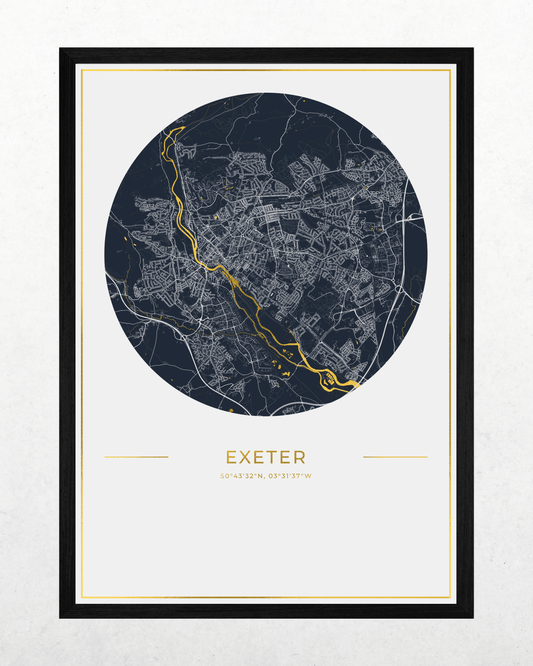 A framed circular city map print of Exeter, UK, featuring a dark navy blue map with white street lines and a highlighted gold river running through the center, presented in a black frame with a white mat on a light textured background.
