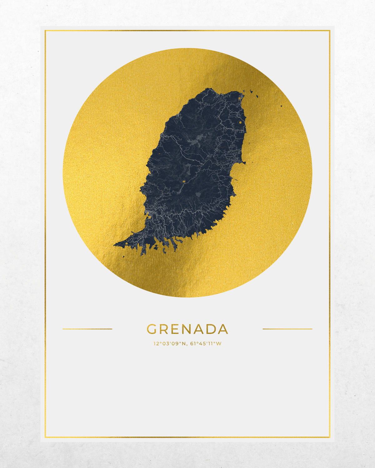 A minimalist map art print of Grenada, featuring a dark navy blue silhouette of the island set against a large textured gold circle, with the country name and coordinates printed below on a white background with a thin gold border.