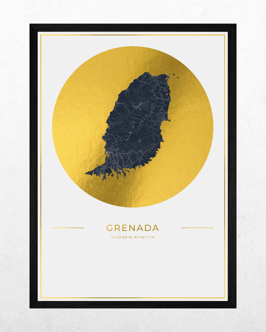 A framed minimalist map print of Grenada. The design features a dark navy blue map silhouette of Grenada centered inside a large textured gold circle, with the country name 'GRENADA' and coordinates printed below in gold.