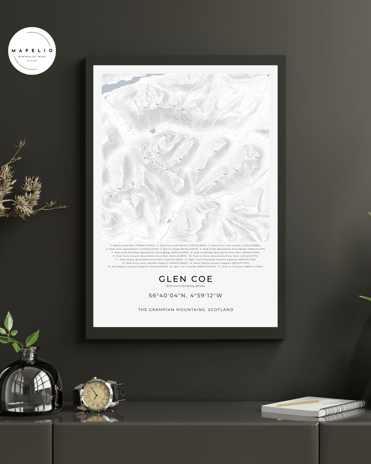 Glen Coe, Buachaille Etive Mòr & Surrounding peaks - Contour Map Print