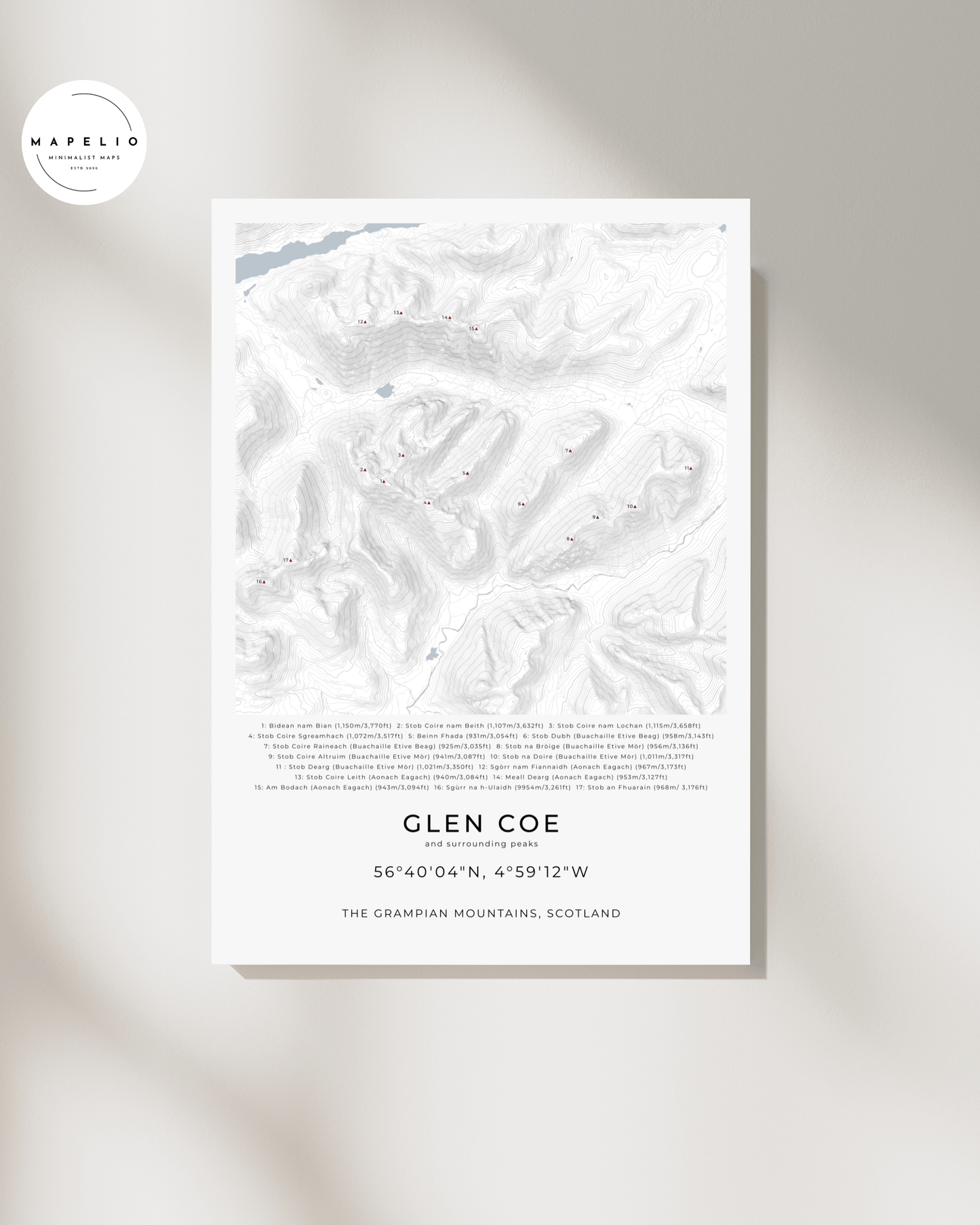 Glen Coe, Buachaille Etive Mòr & Surrounding peaks - Contour Map Print