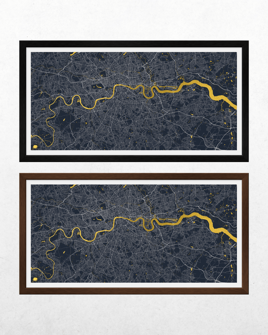 Two framed city map wall art prints are shown on a light textured background. The top print has a black frame with a white border and a dark blue and gold map.