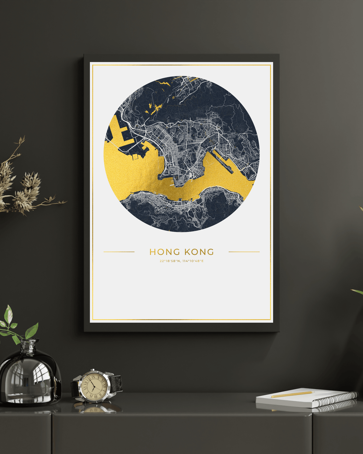 Hong Kong - Gold Fine Art Map Print