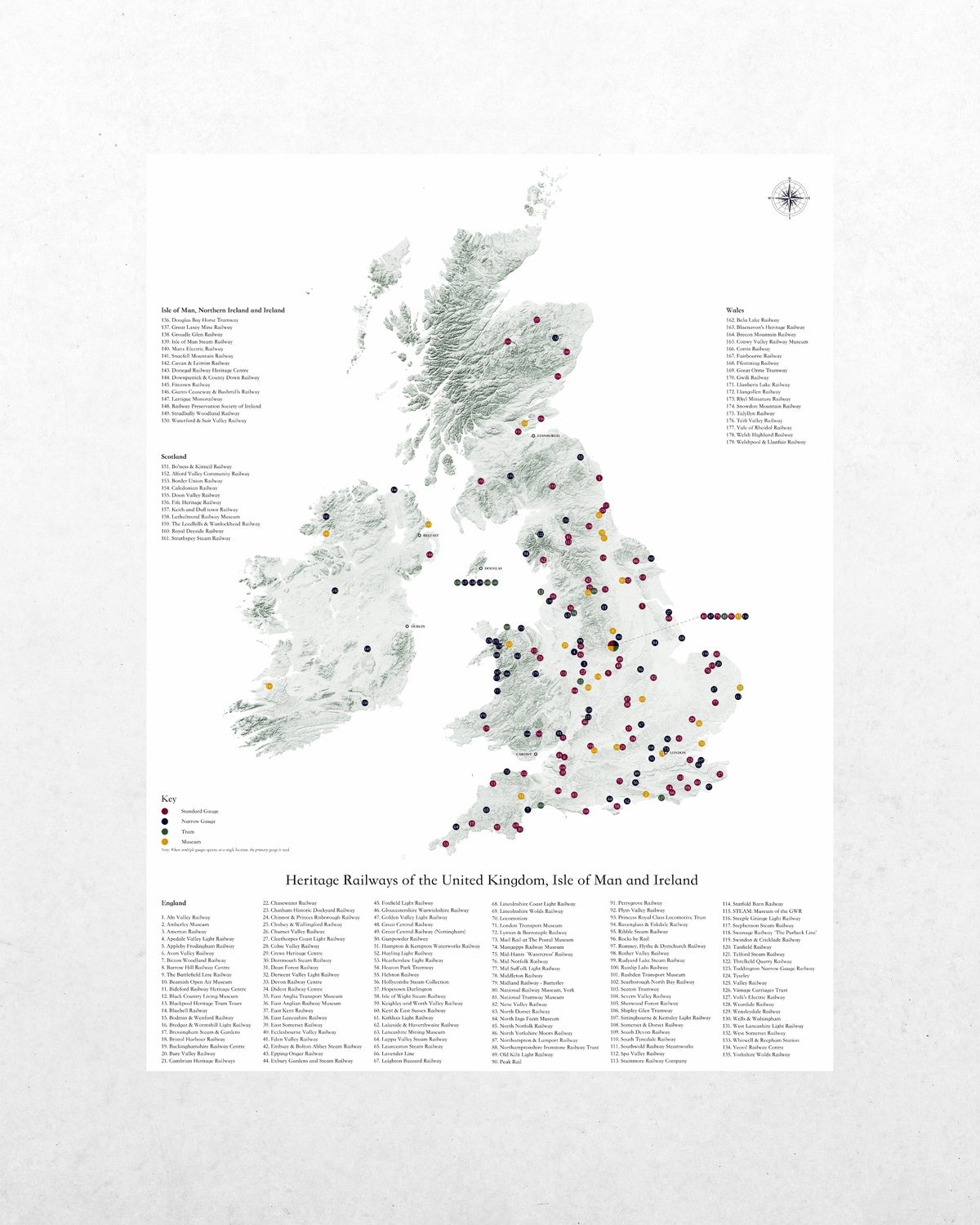 A detailed map poster of the United Kingdom, Isle of Man and Ireland featuring heritage railways, with numerous colored dots marking stations and a comprehensive list of railways at the bottom.