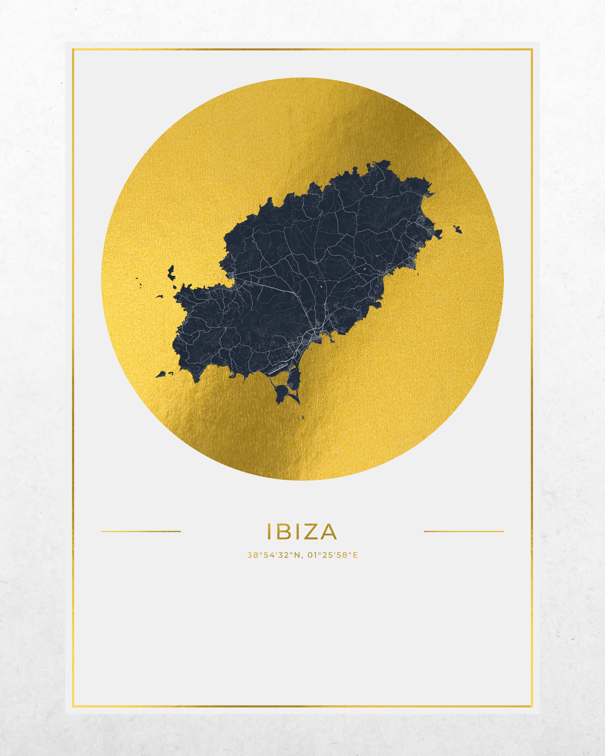 A minimalist art print of an abstract map of Ibiza, featuring a textured gold circle with a dark navy blue map silhouette inside, and the word 'IBIZA' printed below on a white background with a thin gold border.