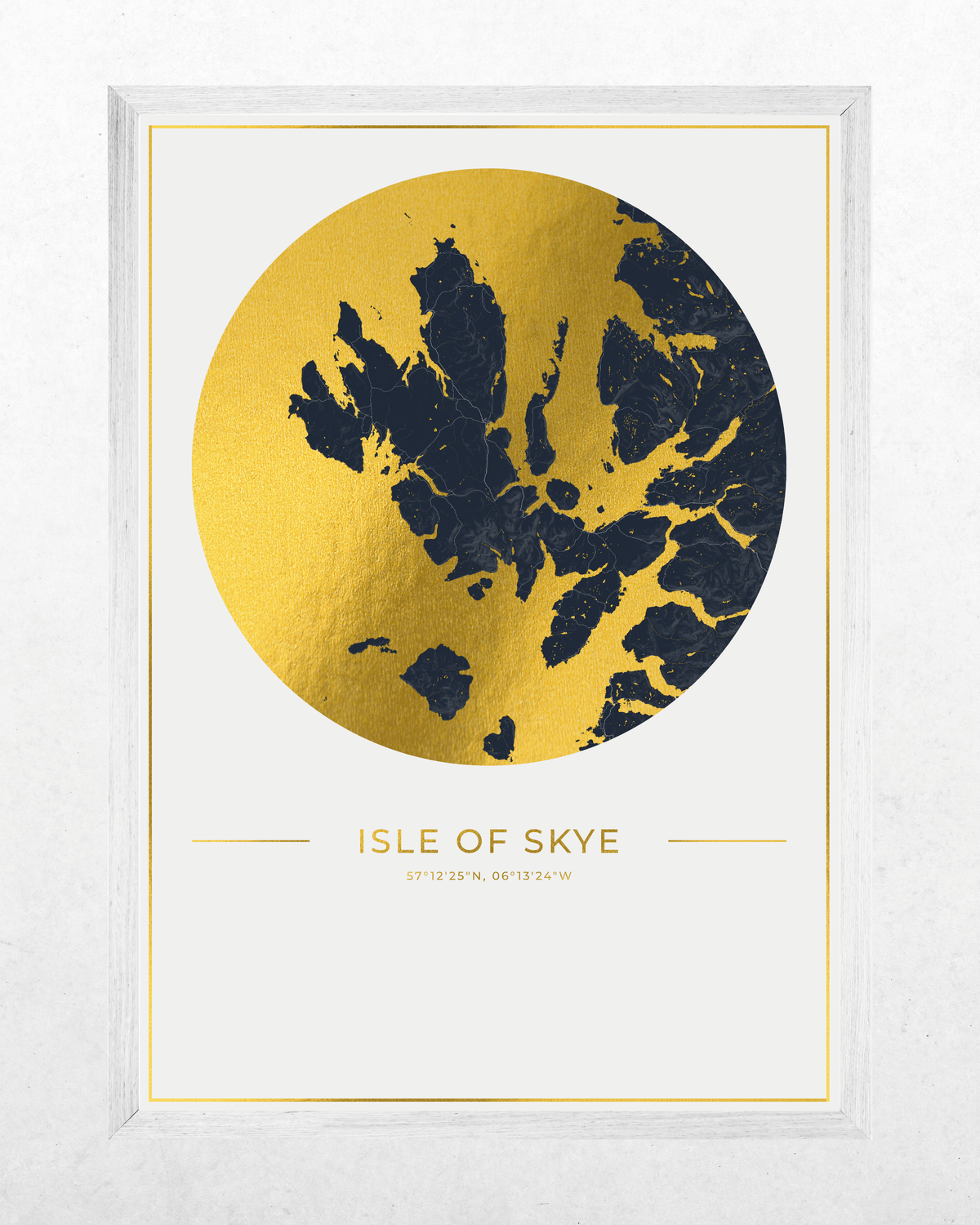 Framed wall art print featuring a stylized gold circular map design with dark navy landmasses and the text 'ISLE OF SKYE' below, shown in a white frame against a light textured background.