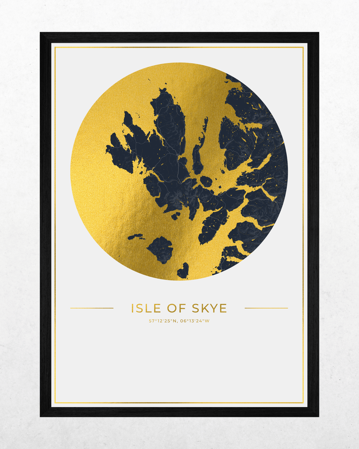 A framed art print featuring a stylized map of the Isle of Skye, Scotland. The design shows a large circular gold foil texture with dark navy blue landmasses, set against a white background with the text 'ISLE OF SKYE' below.