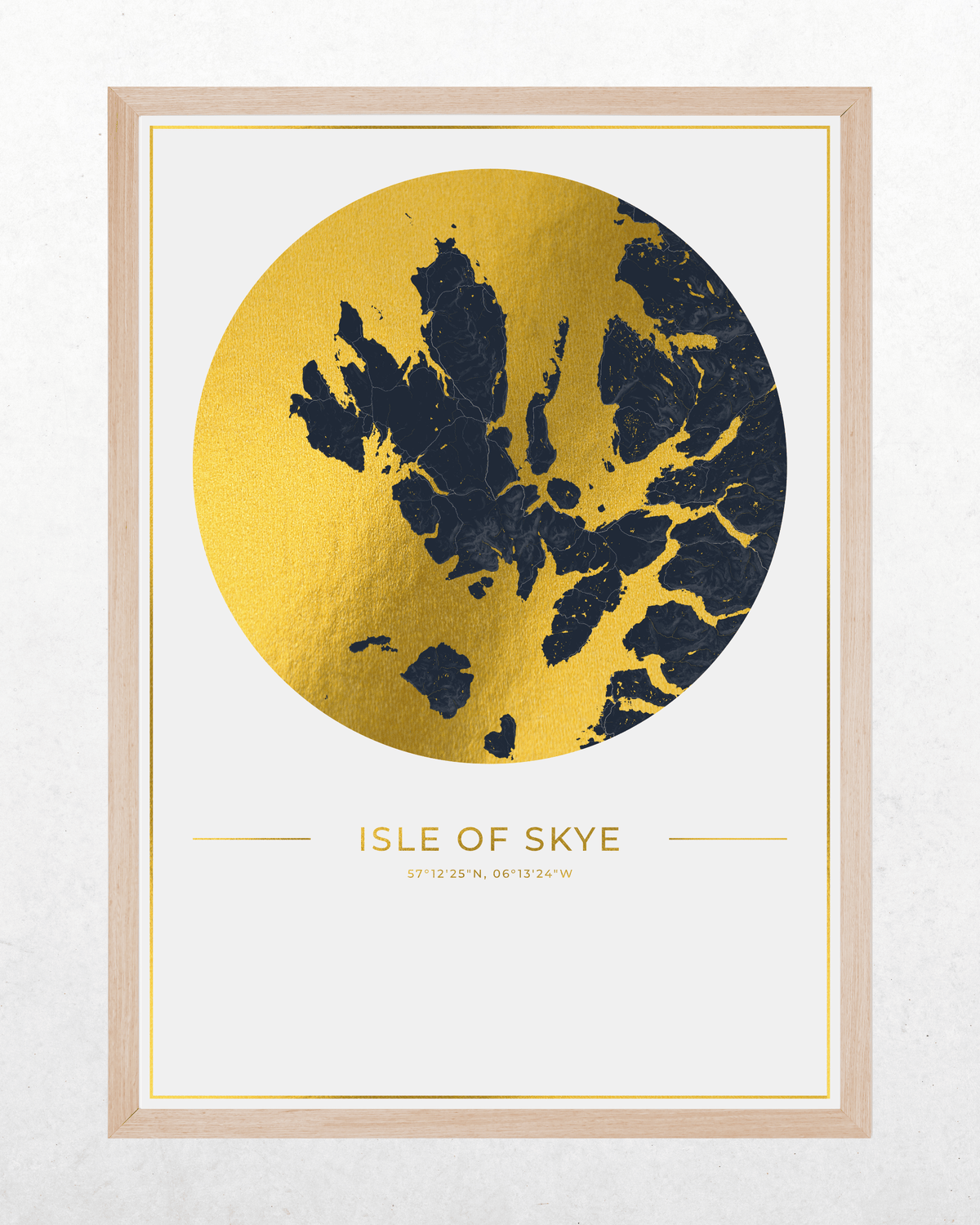 Framed art print featuring a stylized map of the Isle of Skye, Scotland, with a textured gold circle containing dark navy blue landmasses. The text 'ISLE OF SKYE' and the coordinates printed below in gold and dark blue.