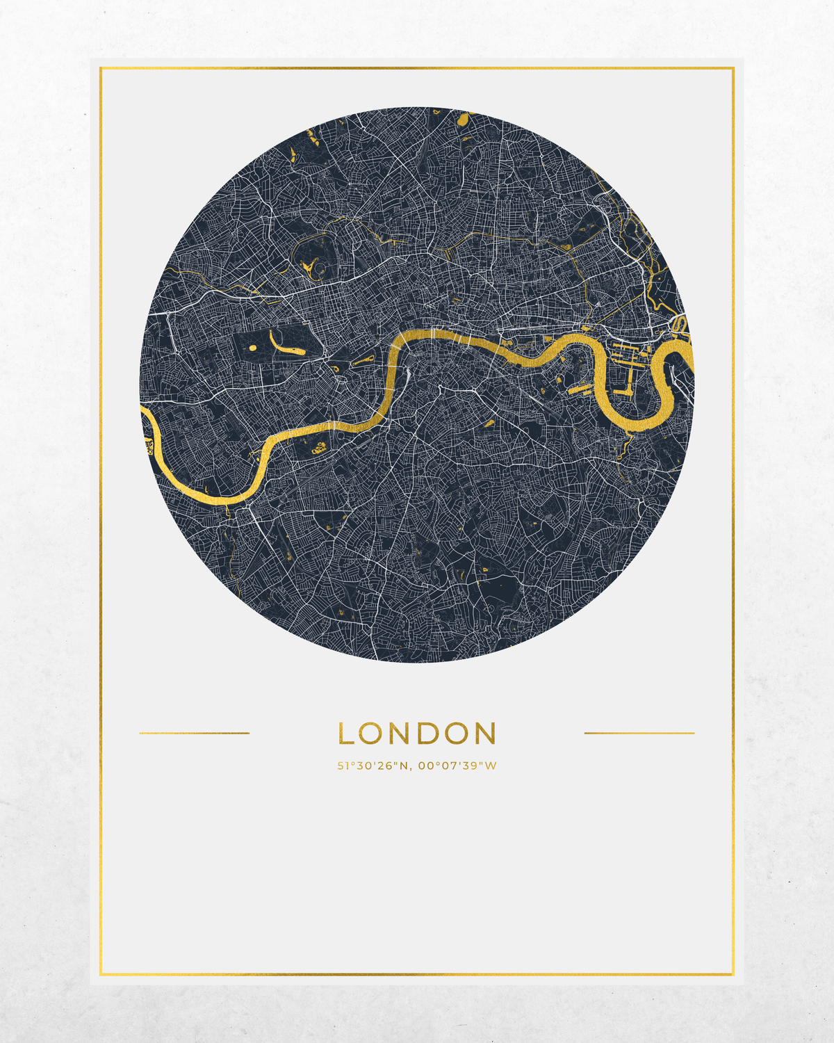 A minimalist London city map art print featuring a circular dark gray map with the River Thames highlighted in gold, framed by a thin gold border on a light textured background.