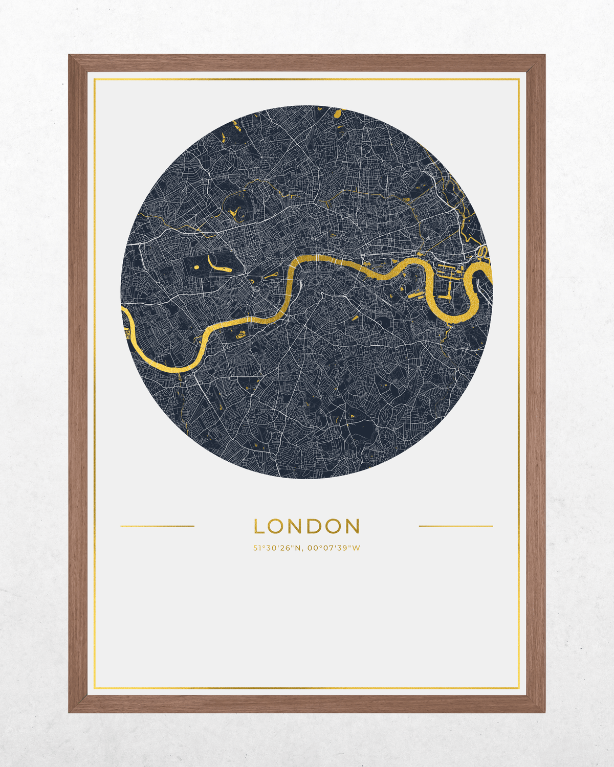 Framed circular London city map wall art with a dark navy street pattern, a bright gold river, and gold text on a white background, set in a brown wood frame.