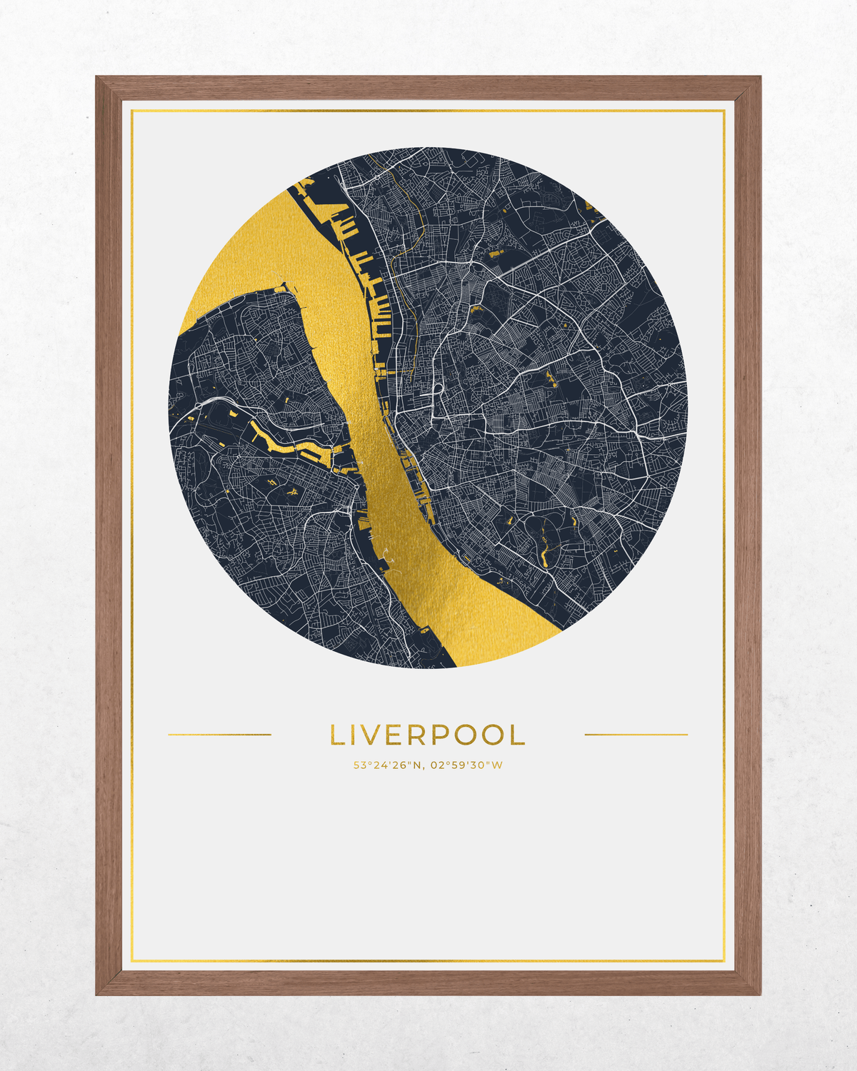 A framed circular map art print of Liverpool, featuring a navy blue street layout with a bold gold river and gold text.