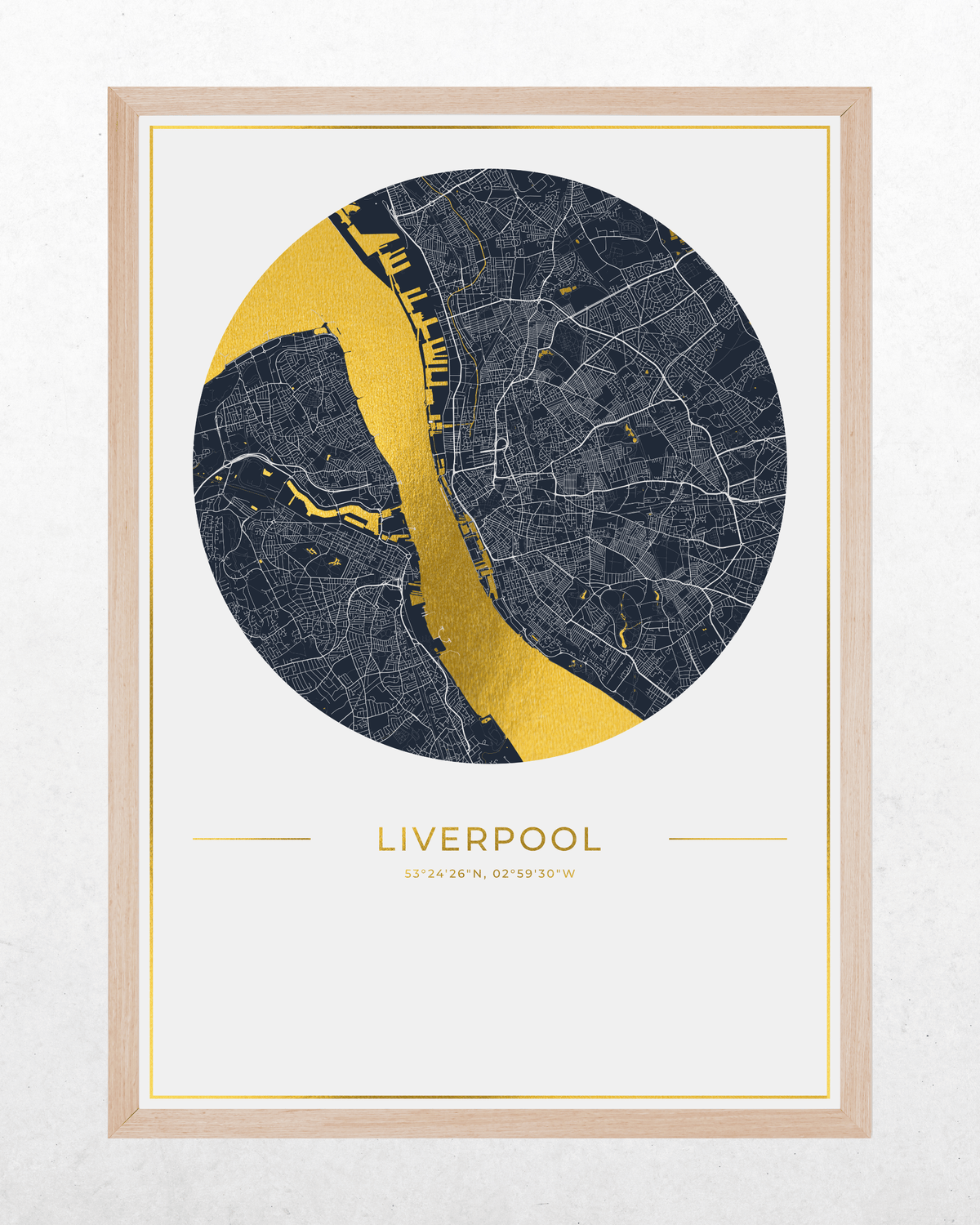 A framed circular map art print of Liverpool, featuring a navy blue street layout with a bold gold river and gold text.