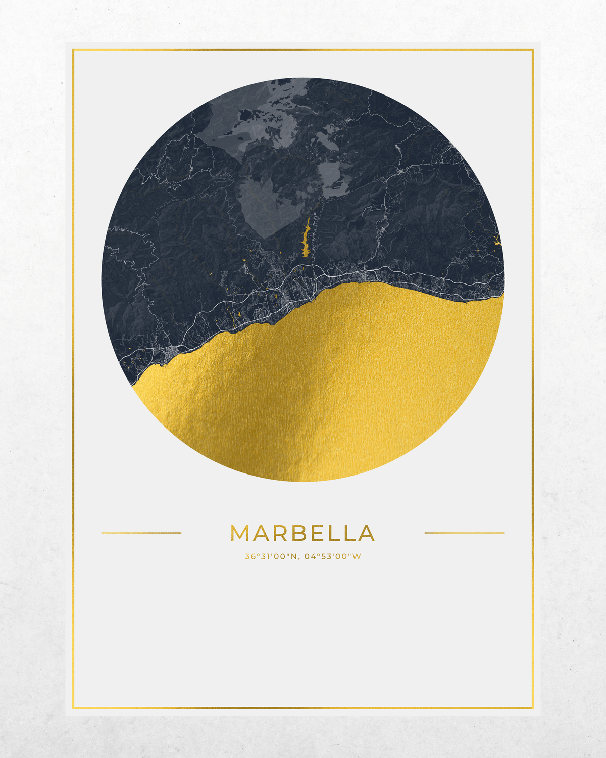 A minimalist art print poster featuring a circular graphic of the Mediterranean Sea with a dark navy blue top half and a textured gold bottom half. Below the circle, the text 'MARBELLA' and its coordinates are printed in gold on a white background with a thin gold border.
