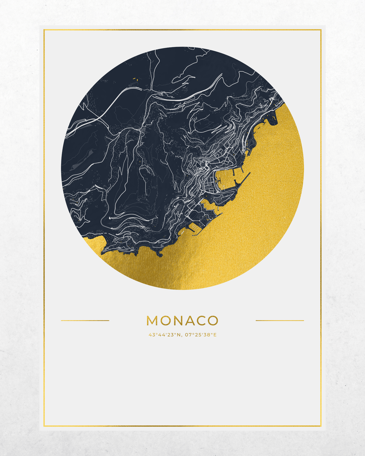 A minimalist art print of a topographic map of Monaco, featuring a circular design with dark navy blue and textured gold sections, framed by a thin gold border on a light gray background.