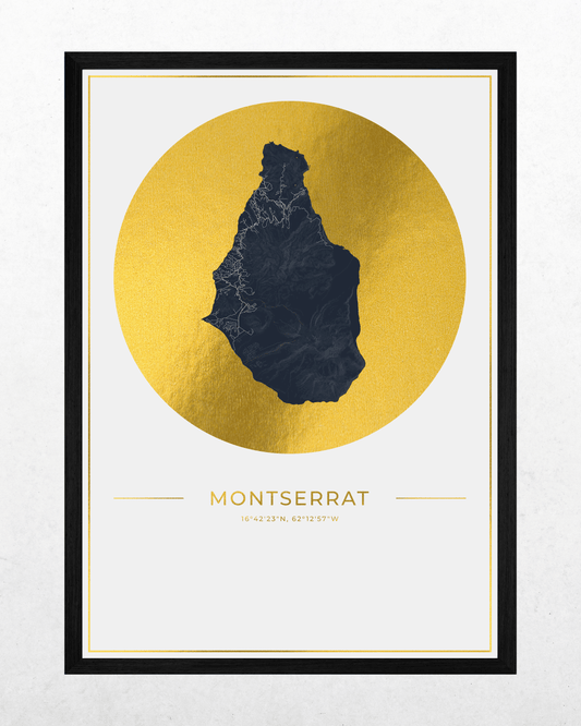 A framed minimalist map art print of Montserrat, featuring a dark navy blue silhouette of the island on a textured gold circular background, with the name 'MONTSERRAT' and coordinates printed below, all set within a black frame.