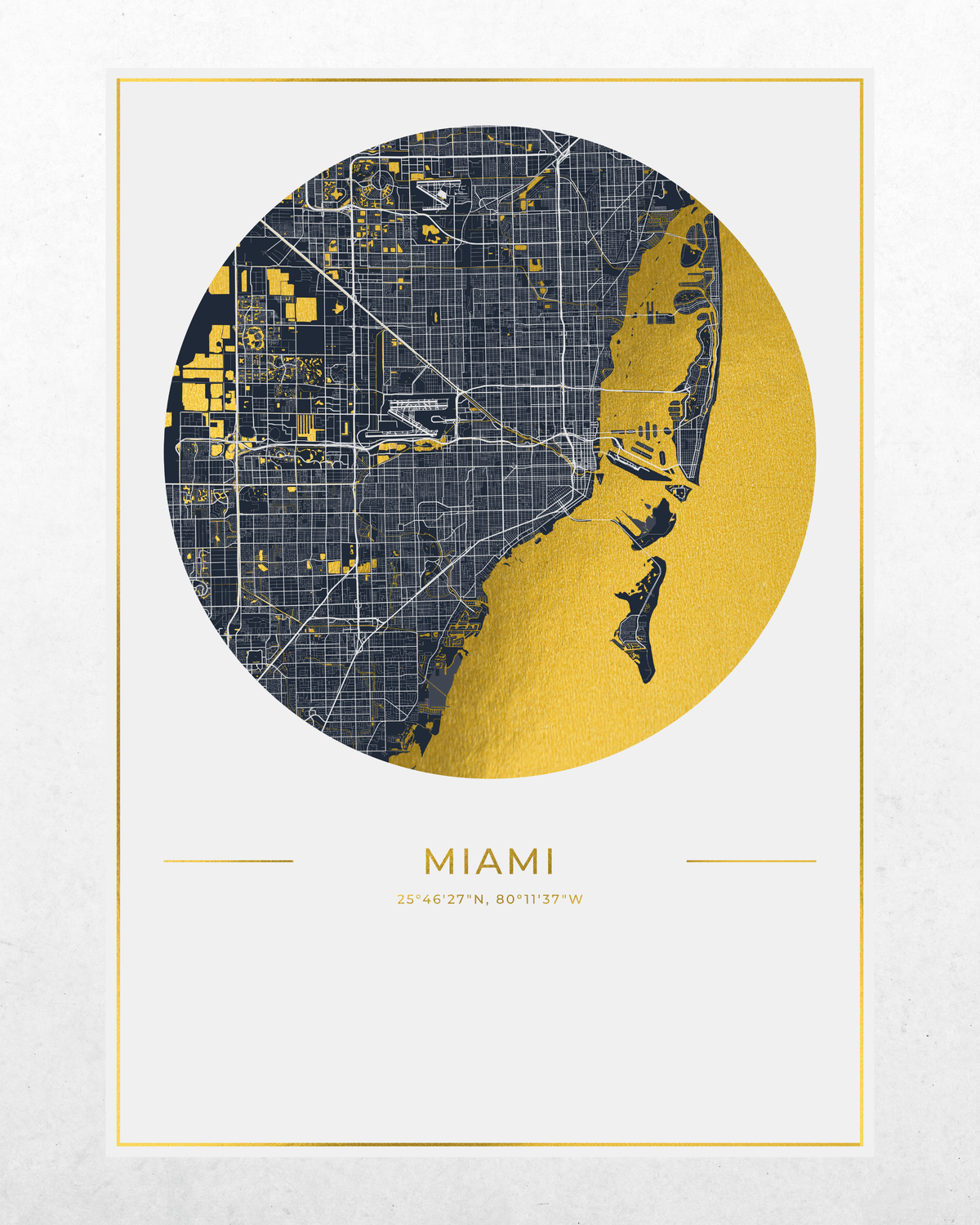 A minimalist Miami city map art print featuring a circular design with a navy street grid and a large gold coastline, centered on a white background with thin gold border lines and the text 'MIAMI' and coordinates below.